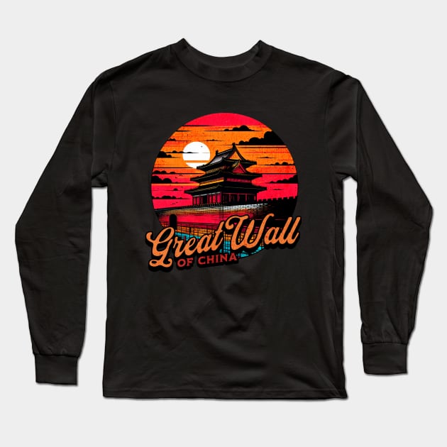 Great Wall of China Vibrant Retro Circle Design Long Sleeve T-Shirt by Miami Neon Designs